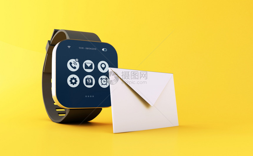 3d插图智能手表黄色背景上的未读信件图标邮通信概念图片