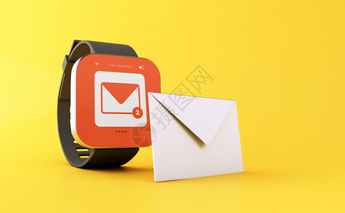 微信未读素材3d插图智能手表黄色背景上的未读信件图标邮通信概念背景