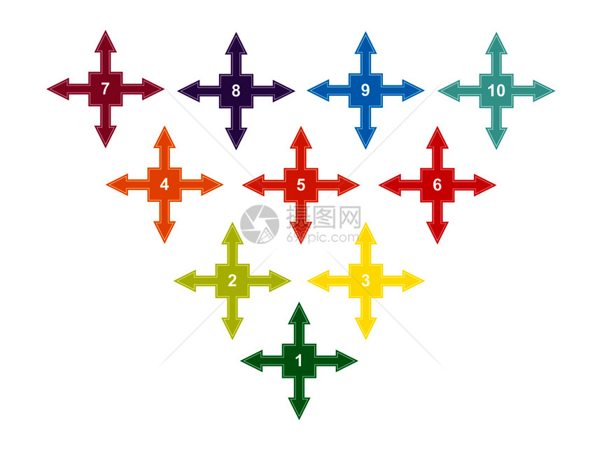 一组颜色的编号为1至0的有色编号方形箭头向下上右和左用于工程演示文稿计划的设及装饰带有编号的标签图片