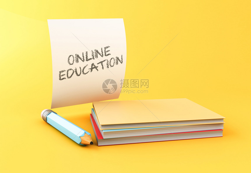 3d说明关于黄色背景的丰富多彩书籍铅笔和纸页教育概念图片