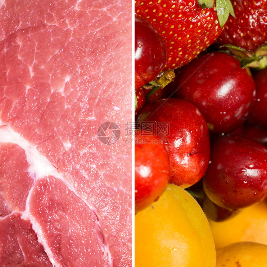 生猪肉切片樱桃草莓和杏仁饮食健康物等图片