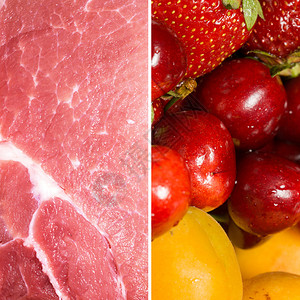 生猪肉切片樱桃草莓和杏仁饮食健康物等图片