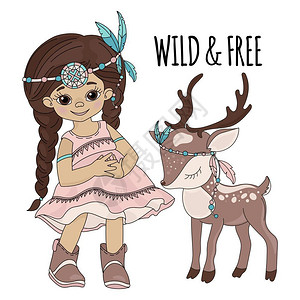 小女孩和鹿小女孩与麋鹿插画