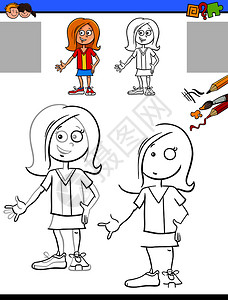 快乐女孩儿童绘画和彩色教育插图图片