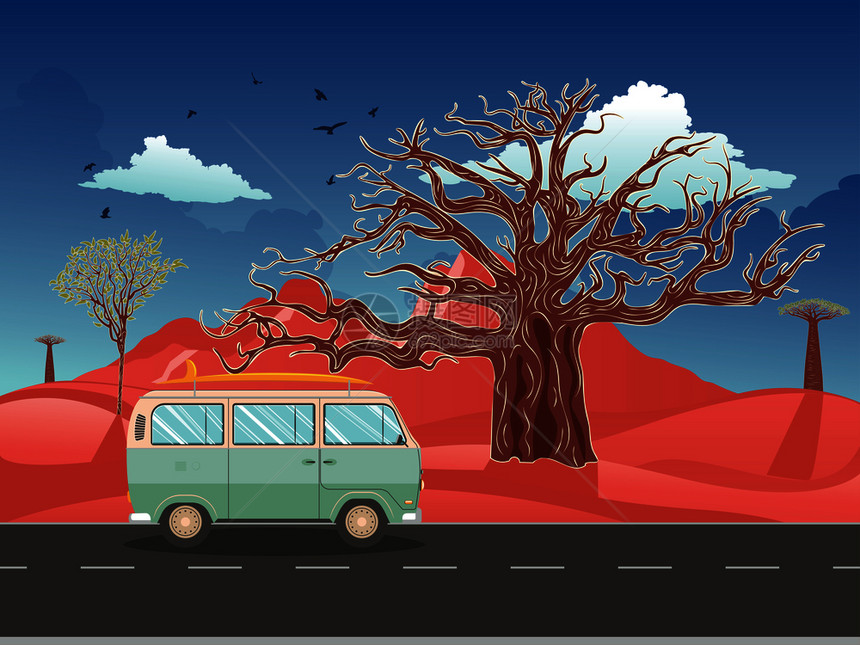 绿色面包车穿过红色沙漠地带图片