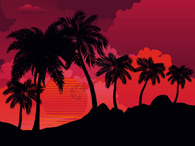 日落夏威夷热带岛屿地貌日出背景的棕榈树插画