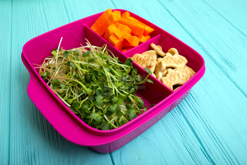 为学童和生提供健康零食学习和健康饮食带品的午餐盒胡萝卜坚果芽图片