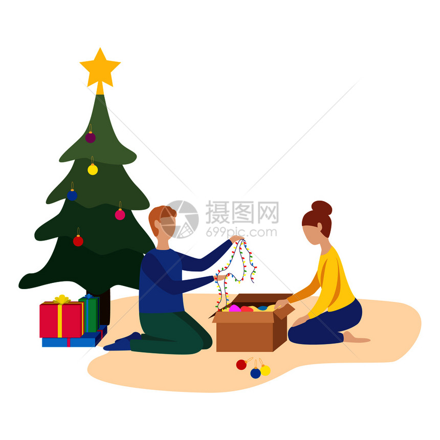 幸福的家庭准备庆祝新年夫妇在圣诞树上装饰平坦的矢量说明图片