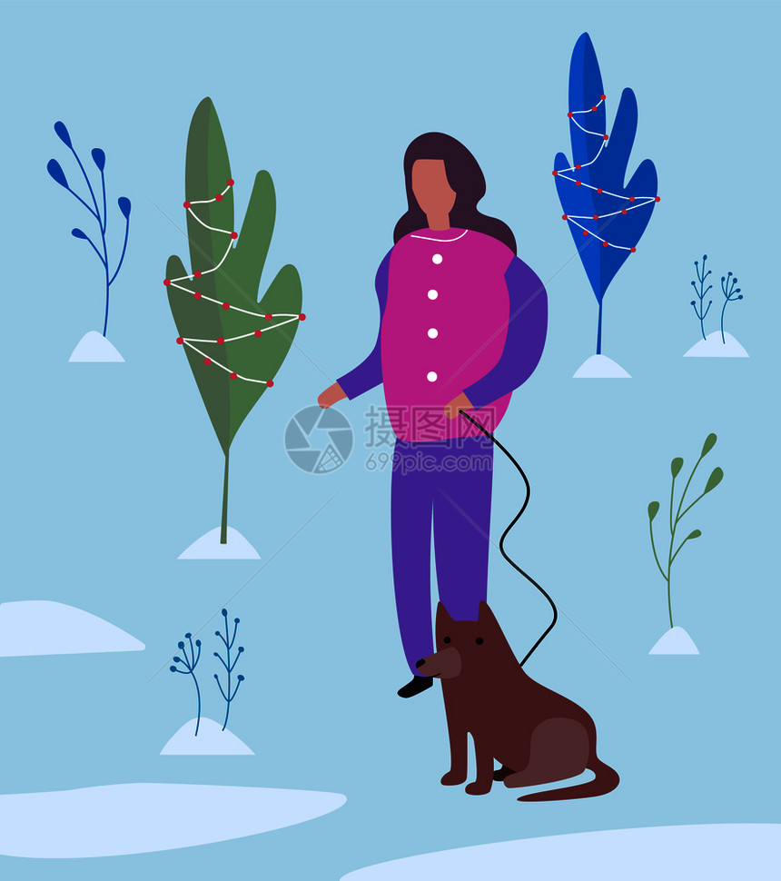 在冬季公园走狗的女童在冬季公园走狗的平方矢量示意图在狗走的女童平方矢量示意图图片