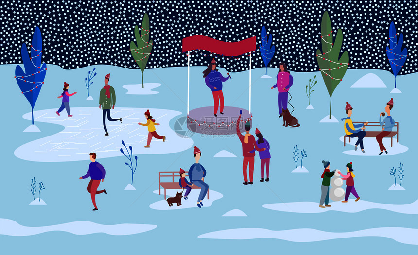户外的圣诞节日人们在冰上滑装饰的树间行走坐在公园长椅上与狗一起行走多彩的矢量说明在装饰的树间行走图片