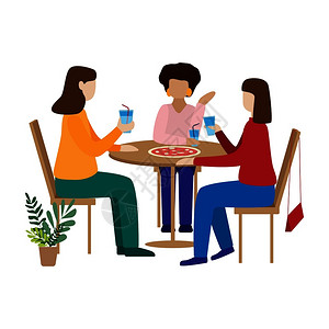 年轻美女咖啡馆妇女坐在咖啡馆里玩得开心现代的公寓矢量设计图朋友喝咖啡和聊天插画