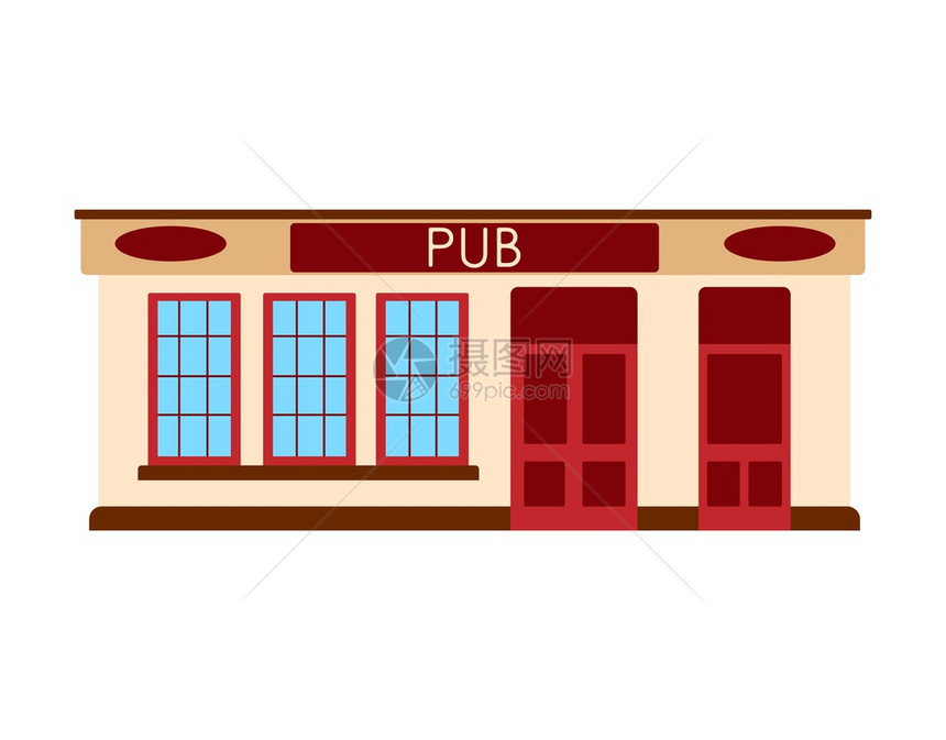 英语酒吧图标建筑外观白色背景上的矢量平面图解图片