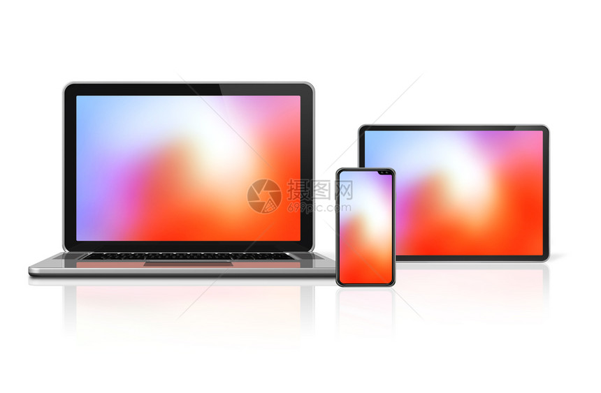 白色背景上隔离的笔记本电脑平板和话模拟装置带有彩色屏幕3d化为膝上型电脑平板和话模拟装置白面隔离化为图片