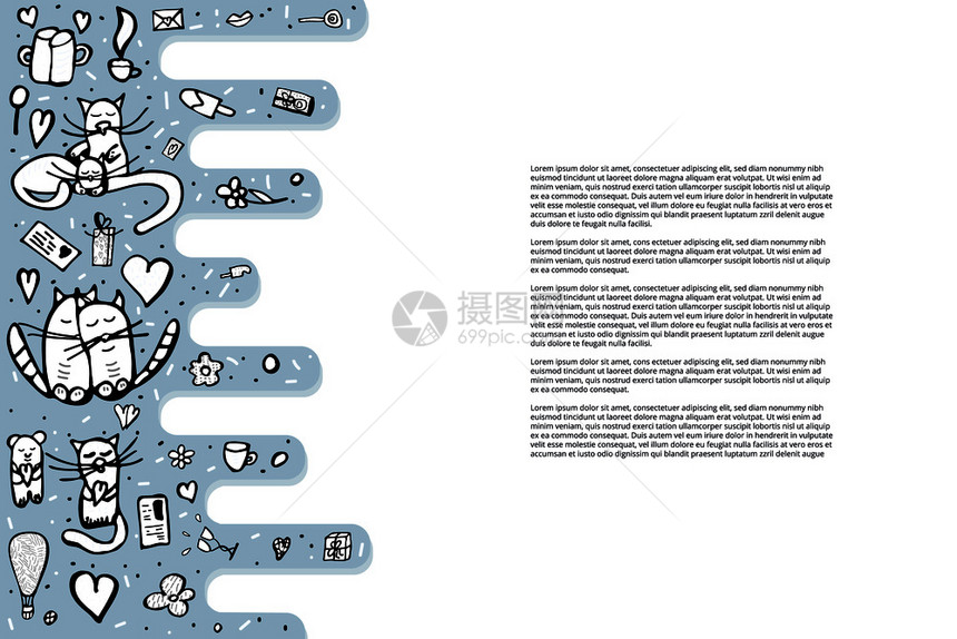 带有可爱的符号横线模板猫和情人节天体用涂鸦样式矢量图解图片