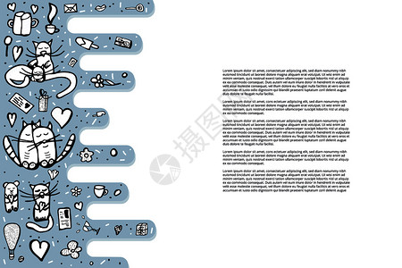带有可爱的符号横线模板猫和情人节天体用涂鸦样式矢量图解背景图片
