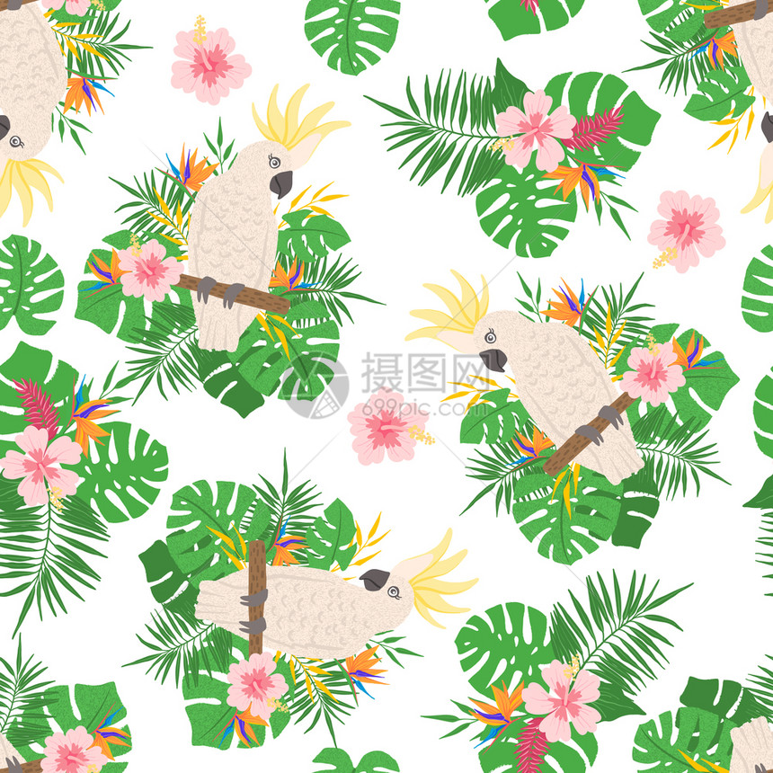 热带无缝模式包括外来叶花卉和鹦鹉织物纺品壁纸剪布或其他设计要素矢量说明热带叶花卉和鹦鹉无缝模式图片