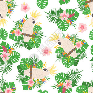 热带无缝模式包括外来叶花卉和鹦鹉织物纺品壁纸剪布或其他设计要素矢量说明热带叶花卉和鹦鹉无缝模式背景图片