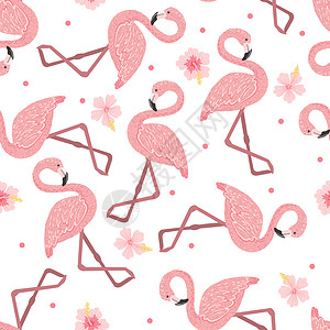 火烈鸟卡通无缝模式在白色背景上隔离火烈鸟织物纺品壁纸剪贴本或其他动物的可爱设计元素矢量说明背景