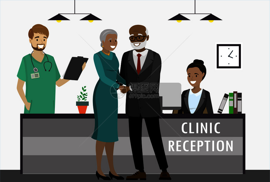 在诊所的非洲老夫妇接受待员和医生卡通平面矢量图在诊所的非洲老夫妇图片