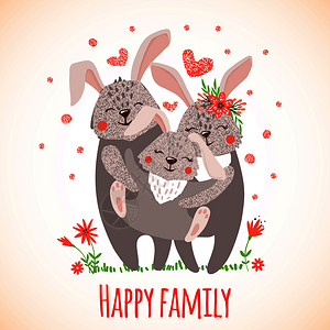 卡通可爱兔子家庭贺卡元素插画图片