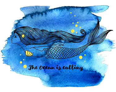 水彩线海底世界的可爱美人鱼插画