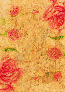 与水彩玫瑰和音乐笔记与粗黄色纸质纹理图片