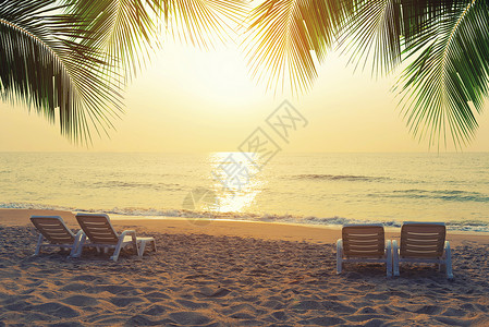 日落时热带海滩上有椰子叶的沙滩椅暑假旅行概念高清图片