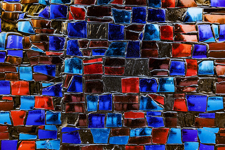 红色和蓝调的多彩砖墙抽象背景图片