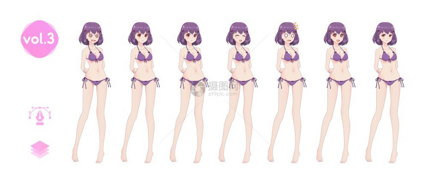 animegirl以日本风格写成的卡通人物在夏季比基尼泳衣中一系列情感游戏视觉小说的全长字符图片