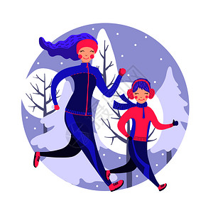 母亲和女儿在冬季马拉松跑步图片