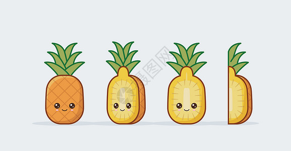 卡通菠萝菠萝可爱的Kawi吉祥物一套有趣的Kawi在切口中画出水果背景