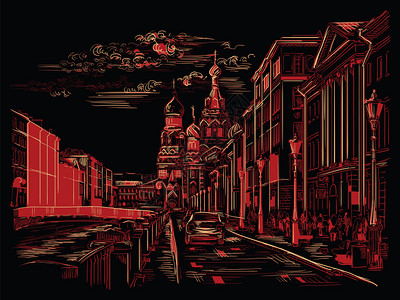 在圣彼得斯堡俄罗和河岸的血迹上救世主教堂的城市景象孤立的矢量图解背景图片