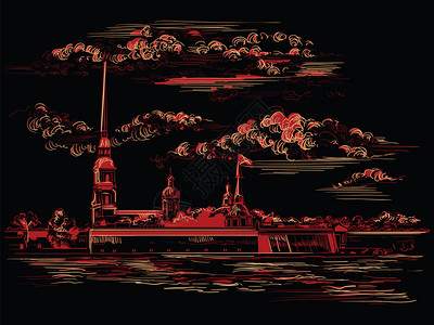 俄罗斯东正教会圣彼得堡俄罗斯和河岸的彼得堡垒城市景象插画