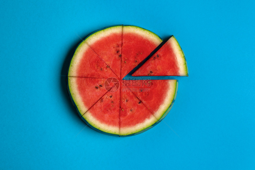 以蓝纸背景切开的西瓜圆形片以一块隔开淡薄的夏季水果图象平坦的原图片