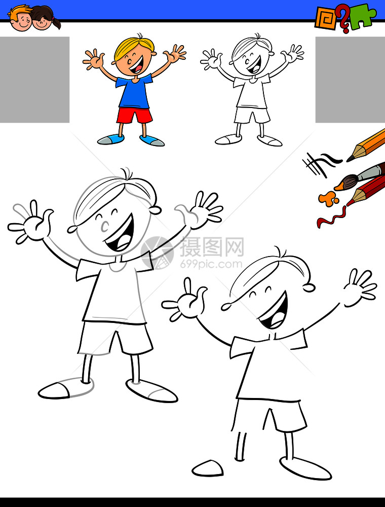 快乐男孩儿童绘画和彩色教育活动插图图片