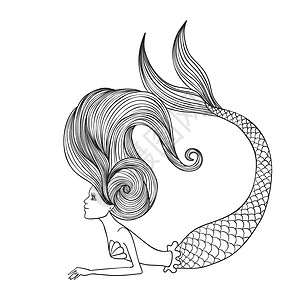 美人鱼公主手画线可爱美人鱼用于在白色背景中孤立的彩色书籍绘制彩色的轮廓矢量插图手画线可爱美人鱼用于彩色书籍背景