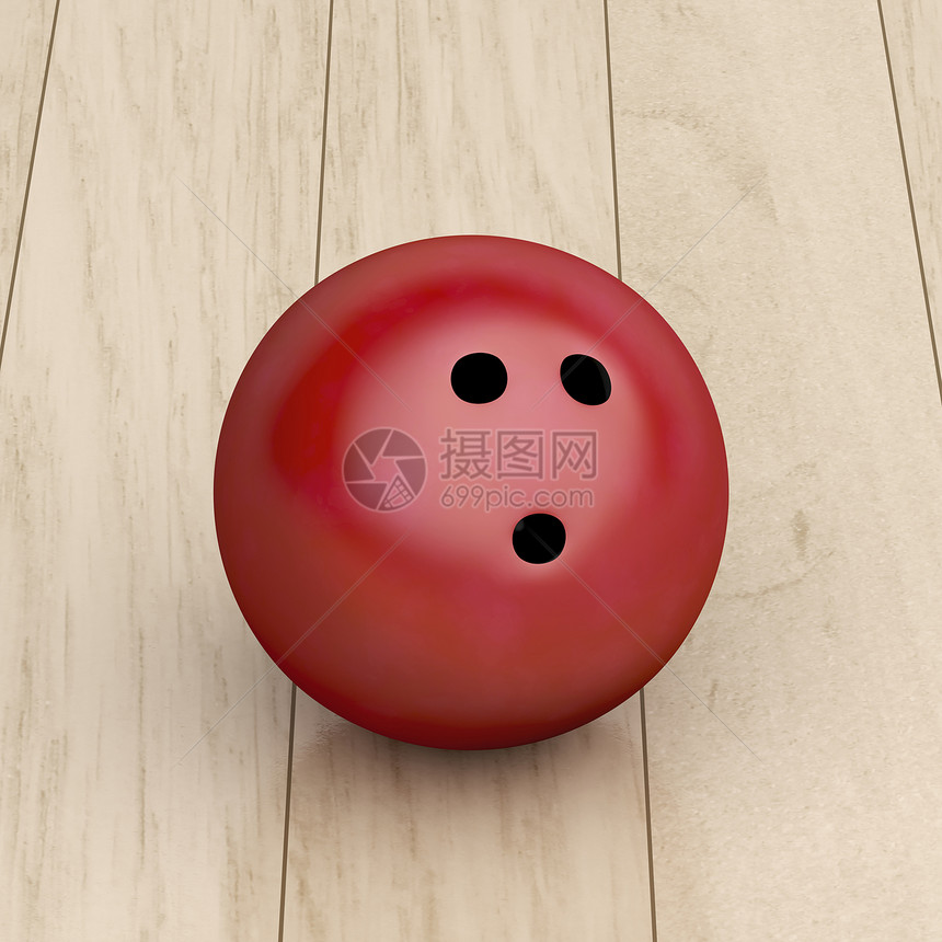 木地板上的红色保龄球图片