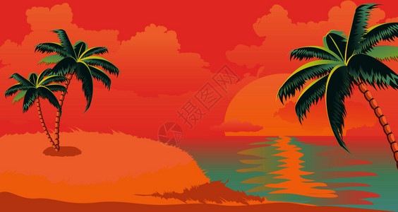 热带之夜阳光明媚的岛屿日出设计插画