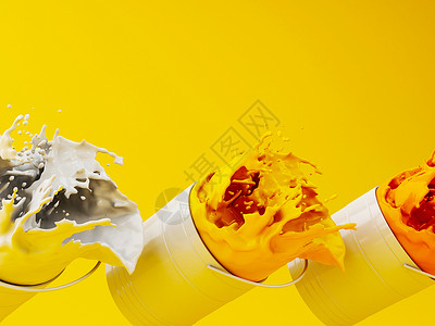 3个插图黄色涂料从罐子里喷出黄色背景图片