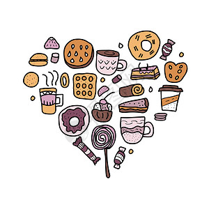 甜点的矢量食厨艺蛋糕甜圈糖果等心脏概念图片