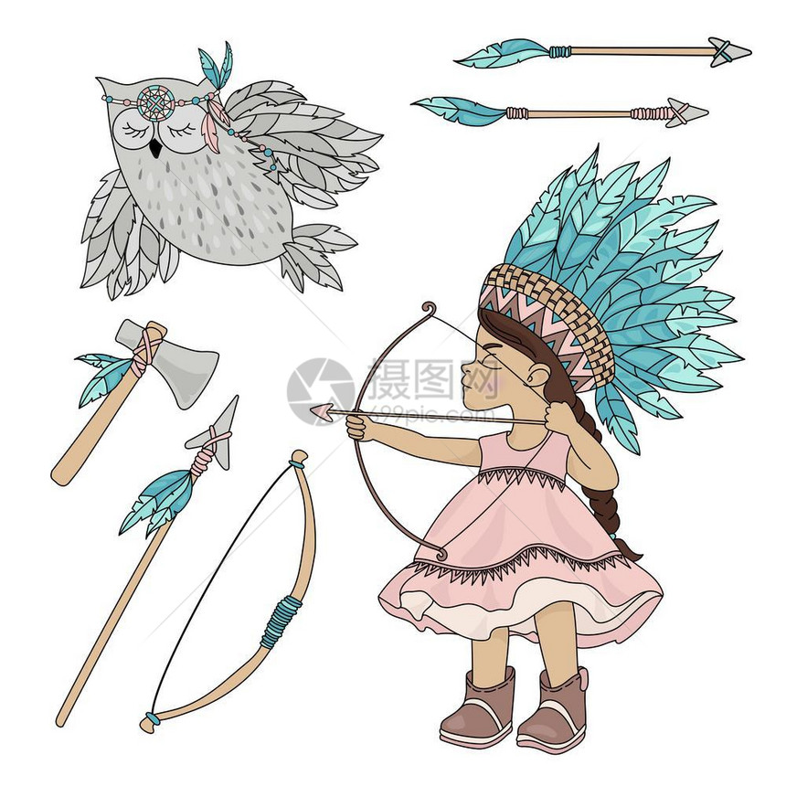 美洲印第安人女孩矢量插图集图片