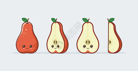 梨矢量红色梨子可爱的Kawi吉祥物一套有趣的Kawi在切口中提取水果背景