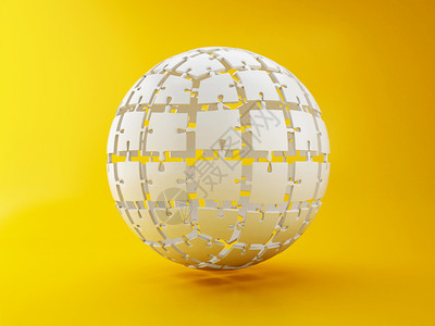 3d说明球形拼图以黄色背景商业创造力和成功概念为基础图片