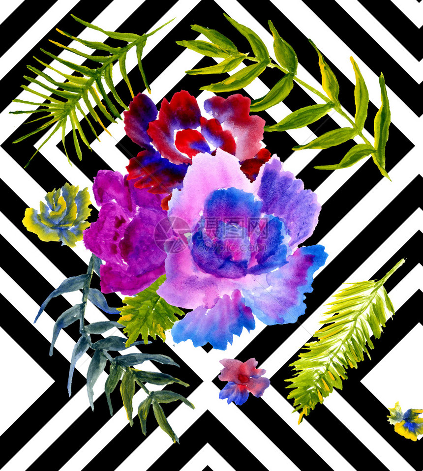 黑色条纹上的热带叶和花朵几何岗背景图片