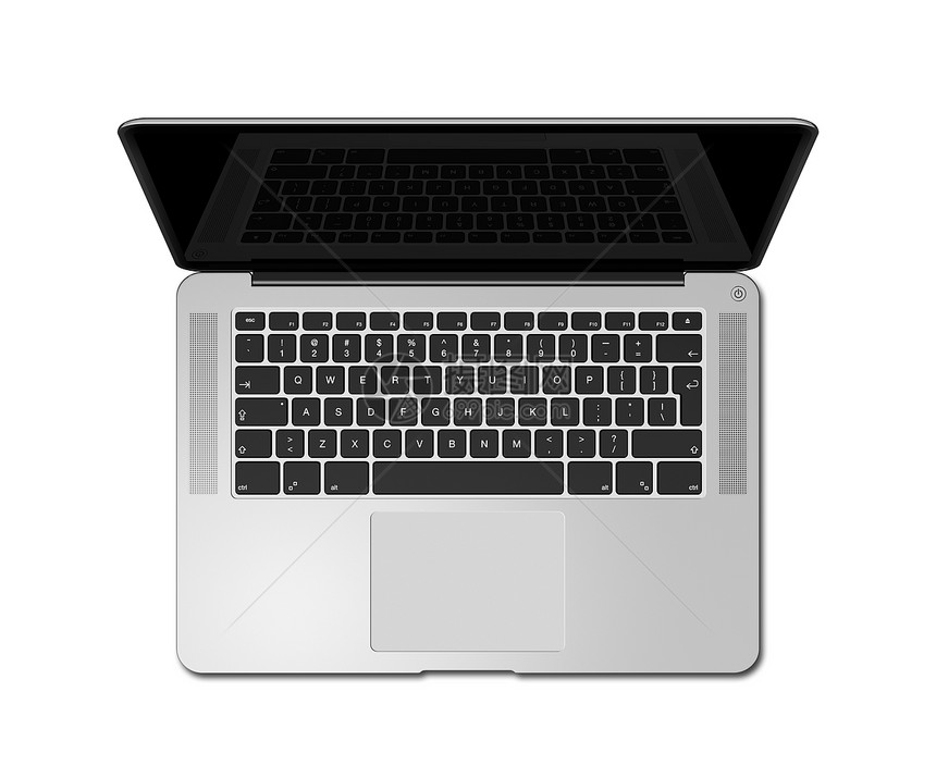 以黑屏幕打开的笔记本电脑顶部视图以黑屏幕隔离在白色上3d化图以黑屏幕打开的笔记本电脑顶部视图以白屏幕隔离在色上图片