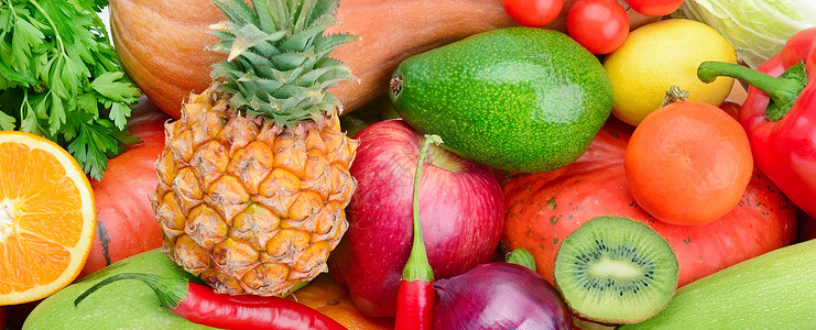 收集新鲜水果和蔬菜健康有机食品宽幅照片的背景图片