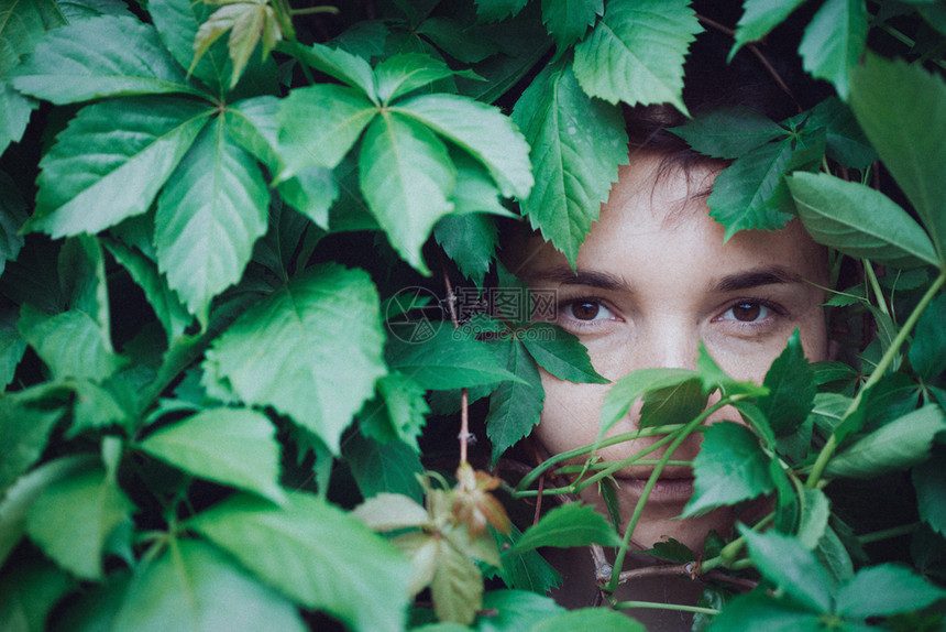 一个女孩在野葡萄树叶上的肖像自然背景图片