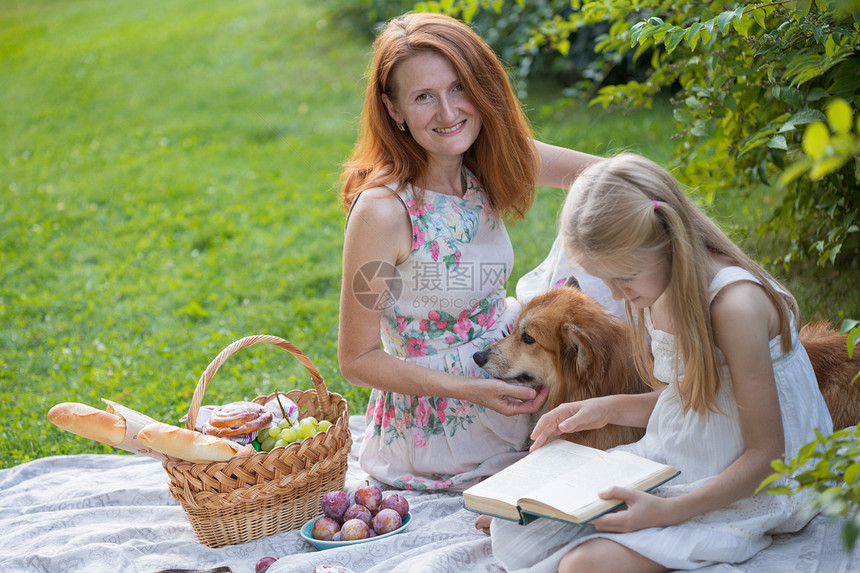 妈女儿和狗在野餐上合唱团图片