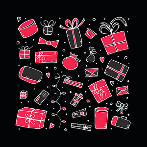 一套礼品盒收集黑暗背景的假日礼物涂鸦风格的海报模板矢量图解图片