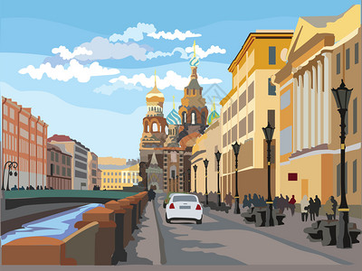在圣彼得斯堡俄罗和河岸的血迹上救世主教堂的城市景象色彩多的矢量说明背景图片
